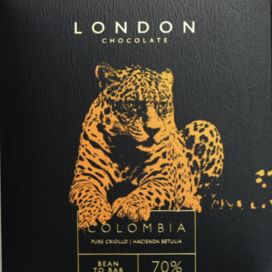 Front packaging of London Chocolate 70% Colombia with black background and a tiger in orange in the foreground